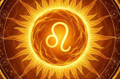A circular golden sun illustration with the Leo zodiac symbol in the center, surrounded by ornate astrological markings.
