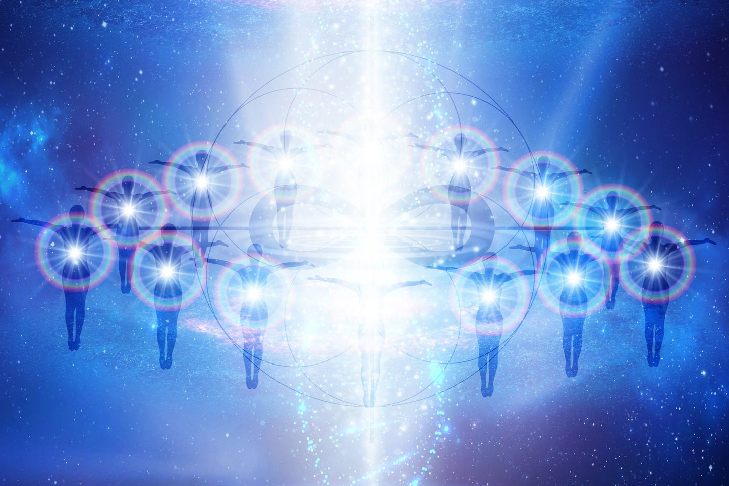 A graphic image depicting a multicolored, geometric-patterned design, representing a spiritual or cosmic theme, often associated with concepts such as love, wisdom, and enlightenment.