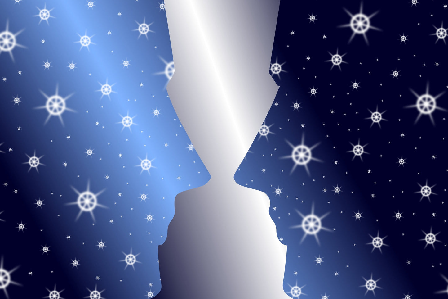 A graphic image depicting two stylized human heads with a backdrop of a starry night sky, symbolizing a cosmic or astral connection.